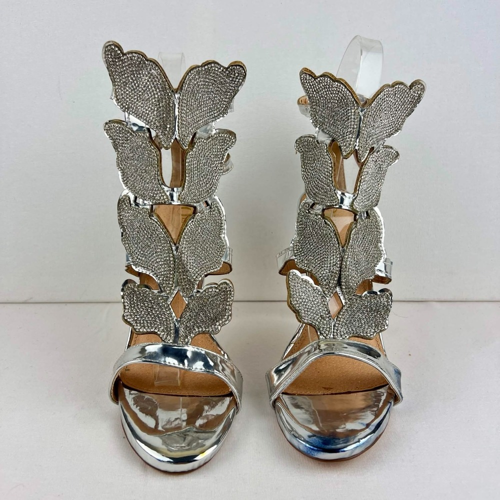 EUC Olivia J Silver Metallic Rhinestone Butterfly Stiletto Heel Womens Size 8.5